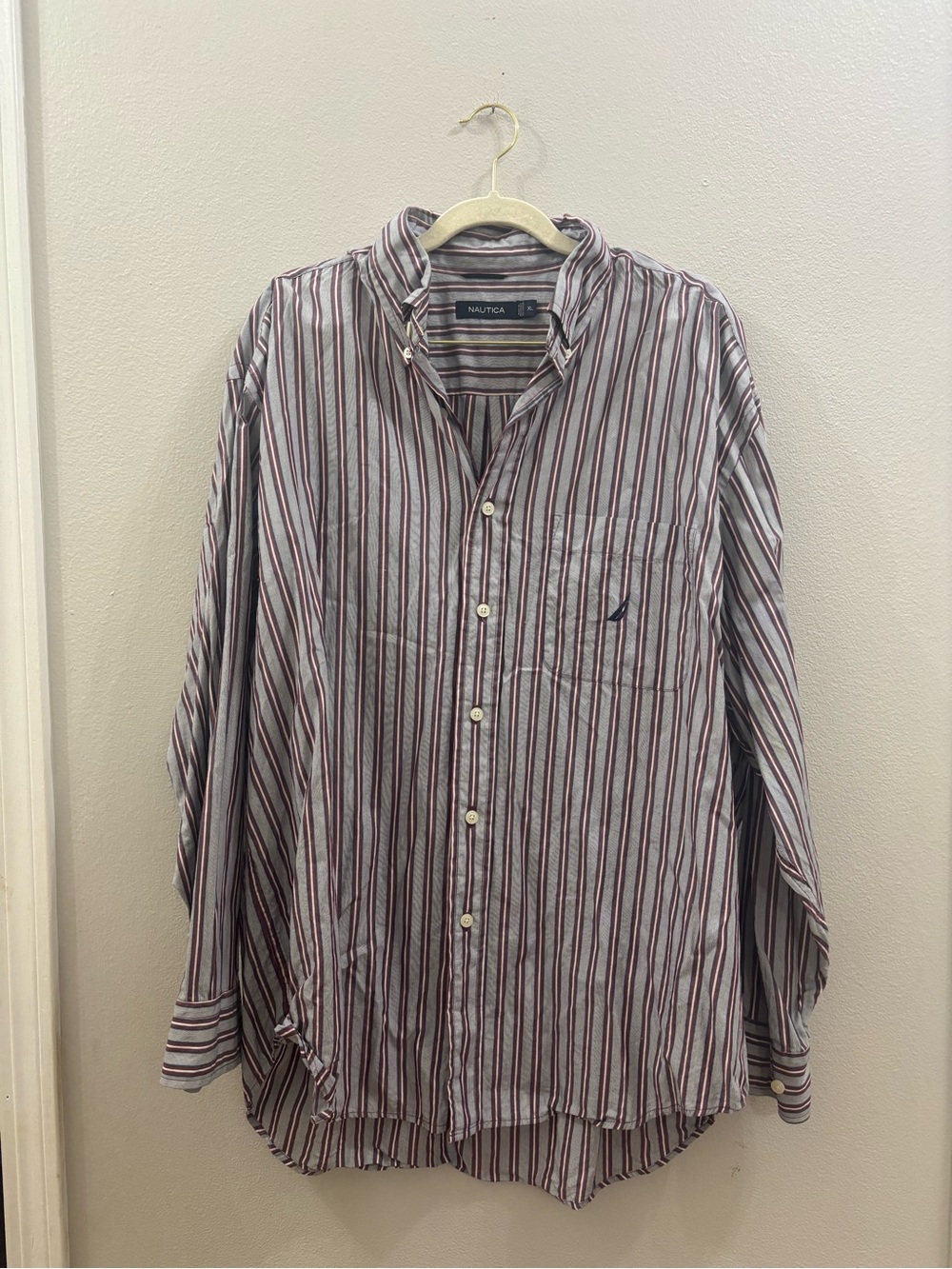 Nautica Men's White Shirt with Red and Blue Stripes